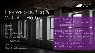 Free Website, Blog &
Web App Hosting
HTML5
ASP.NET
Apache Tomcat 7
WordPress, Joomla!
PHP & MySQL
Django
Drupal, and many more…
10 Websites for free!
• 1 GB storage, 165 MB per day
outbound data
Shared Websites: $10/month
• 1 GB storage, unlimited outbound
data, custom domain support
Basic Website on A2 instance
• 10 GB storage, $112/month
Microsoft
Azure
 