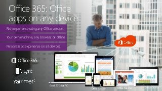 Office 365: Office
apps on any device
Rich experience using any Office version
Your own machine, any browser, or offline
Personalized experience on all devices
Excel 2013 for PC
Office Mobile Office for iPad Office Online
 