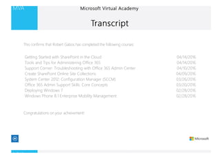 Getting Started with SharePoint in the Cloud 04/14/2016
Tools and Tips for Administering Office 365 04/14/2016
Support Corner: Troubleshooting with Office 365 Admin Center 04/10/2016
Create SharePoint Online Site Collections 04/09/2016
System Center 2012: Configuration Manager (SCCM) 03/26/2016
Office 365 Admin Support Skills: Core Concepts 03/20/2016
Deploying Windows 7 02/28/2016
Windows Phone 8.1 Enterprise Mobility Management 02/28/2016
This confirms that Robert Gabos has completed the following courses:
Congratulations on your achievement!
 