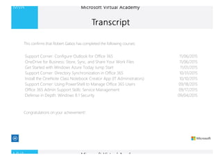 Support Corner: Configure Outlook for Office 365 11/06/2015
OneDrive for Business: Store, Sync, and Share Your Work Files 11/06/2015
Get Started with Windows Azure Today Jump Start 11/01/2015
Support Corner: Directory Synchronization in Office 365 10/31/2015
Install the OneNote Class Notebook Creator App (IT Administrators) 10/10/2015
Support Corner: Using PowerShell to Manage Office 365 Users 09/18/2015
Office 365 Admin Support Skills: Service Management 09/17/2015
Defense in Depth: Windows 8.1 Security 09/04/2015
This confirms that Robert Gabos has completed the following courses:
Congratulations on your achievement!
 