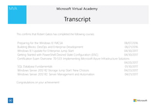 Preparing for the Windows 8.1 MCSA 08/07/2016
Building Blocks: DevOps and Enterprise Development 06/21/2016
Windows 8.1 Update for Enterprise Jump Start 04/30/2017
Getting Started with PowerShell Desired State Configuration (DSC) 04/30/2017
Certification Exam Overview: 70-533: Implementing Microsoft Azure Infrastructure Solutions
04/20/2017
SQL Database Fundamentals 01/30/2017
Windows Server 2012 R2 Storage Jump Start: New Choices 04/23/2017
Windows Server 2012 R2: Server Management and Automation 04/21/2017
This confirms that Robert Gabos has completed the following courses:
Congratulations on your achievement!
 