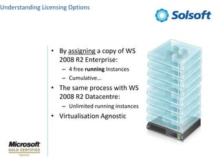 Understanding Licensing Options




                 • By assigning a copy of WS
                   2008 R2 Enterprise:
                     – 4 free running Instances
                     – Cumulative...
                 • The same process with WS
                   2008 R2 Datacentre:
                     – Unlimited running instances
                 • Virtualisation Agnostic
 