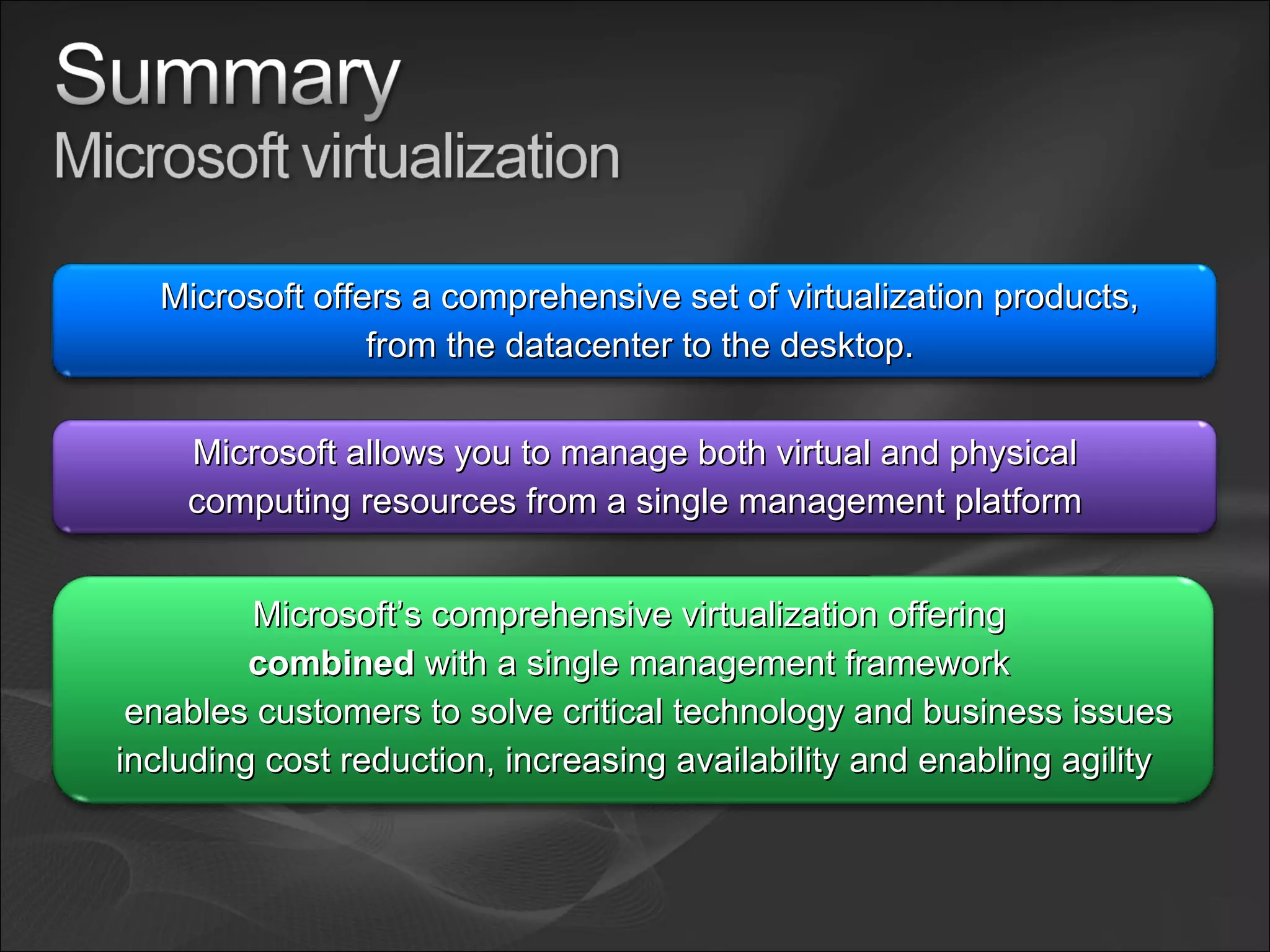 Microsoft offers a comprehensive set of virtualization products, from the datacenter to the desktop. Microsoft allows you to manage both virtual and physical computing resources from a single management platform Microsoft’s comprehensive virtualization offering  combined  with a single management framework  enables customers to solve critical technology and business issues including cost reduction, increasing availability and enabling agility 