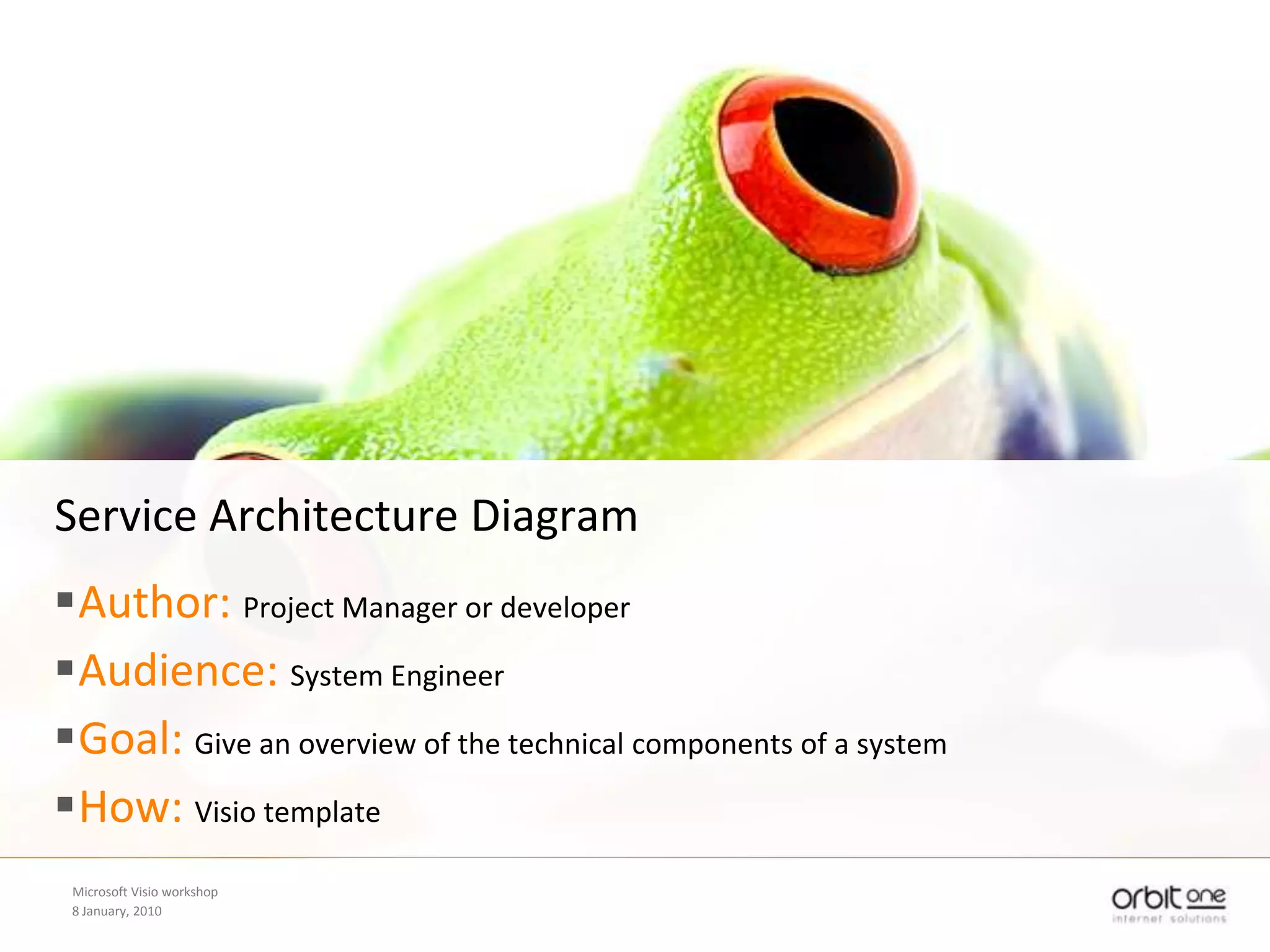 Activity DiagramFor any logical sequence of some complexityShould exist BEFORE implementation startsKeep it simpleGive brief information about what happens “connect to web service”, “write to database”, “validate user input”, …Don’t talk about classes, method names, Nhibernate, …Be specificNo: “user gives input” > “data is saved”Yes: “user enters his personal information” > “data is saved to database”8 January, 2010Microsoft Visio workshophttp://en.wikipedia.org/wiki/Flowcharthttp://en.wikipedia.org/wiki/Activity_diagram