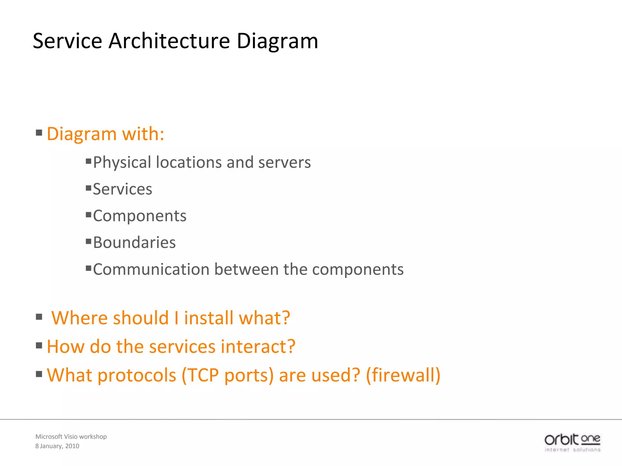 SitemapRepresentation of site structureDescribe SharePoint sites, page, navigation shortcuts8 January, 2010Microsoft Visio workshop