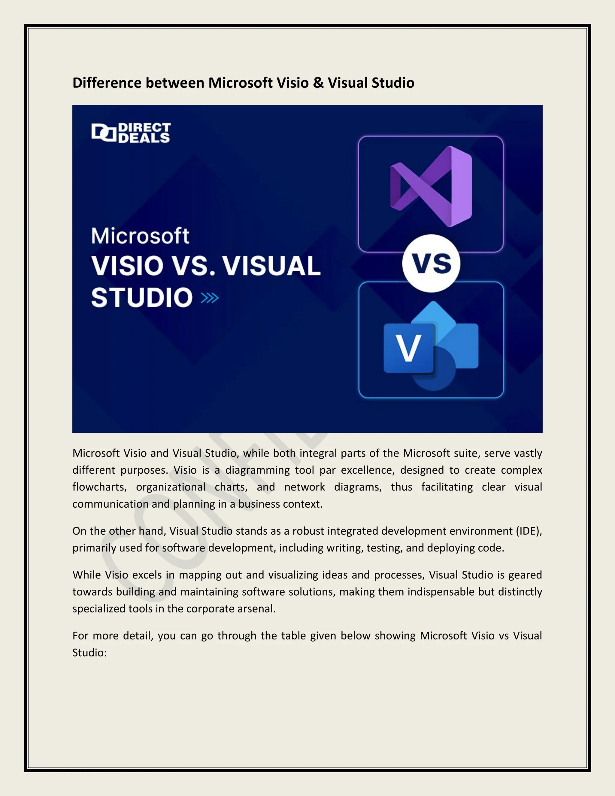 Difference between Microsoft Visio & Visual Studio
Microsoft Visio and Visual Studio, while both integral parts of the Microsoft suite, serve vastly
different purposes. Visio is a diagramming tool par excellence, designed to create complex
flowcharts, organizational charts, and network diagrams, thus facilitating clear visual
communication and planning in a business context.
On the other hand, Visual Studio stands as a robust integrated development environment (IDE),
primarily used for software development, including writing, testing, and deploying code.
While Visio excels in mapping out and visualizing ideas and processes, Visual Studio is geared
towards building and maintaining software solutions, making them indispensable but distinctly
specialized tools in the corporate arsenal.
For more detail, you can go through the table given below showing Microsoft Visio vs Visual
Studio:
 