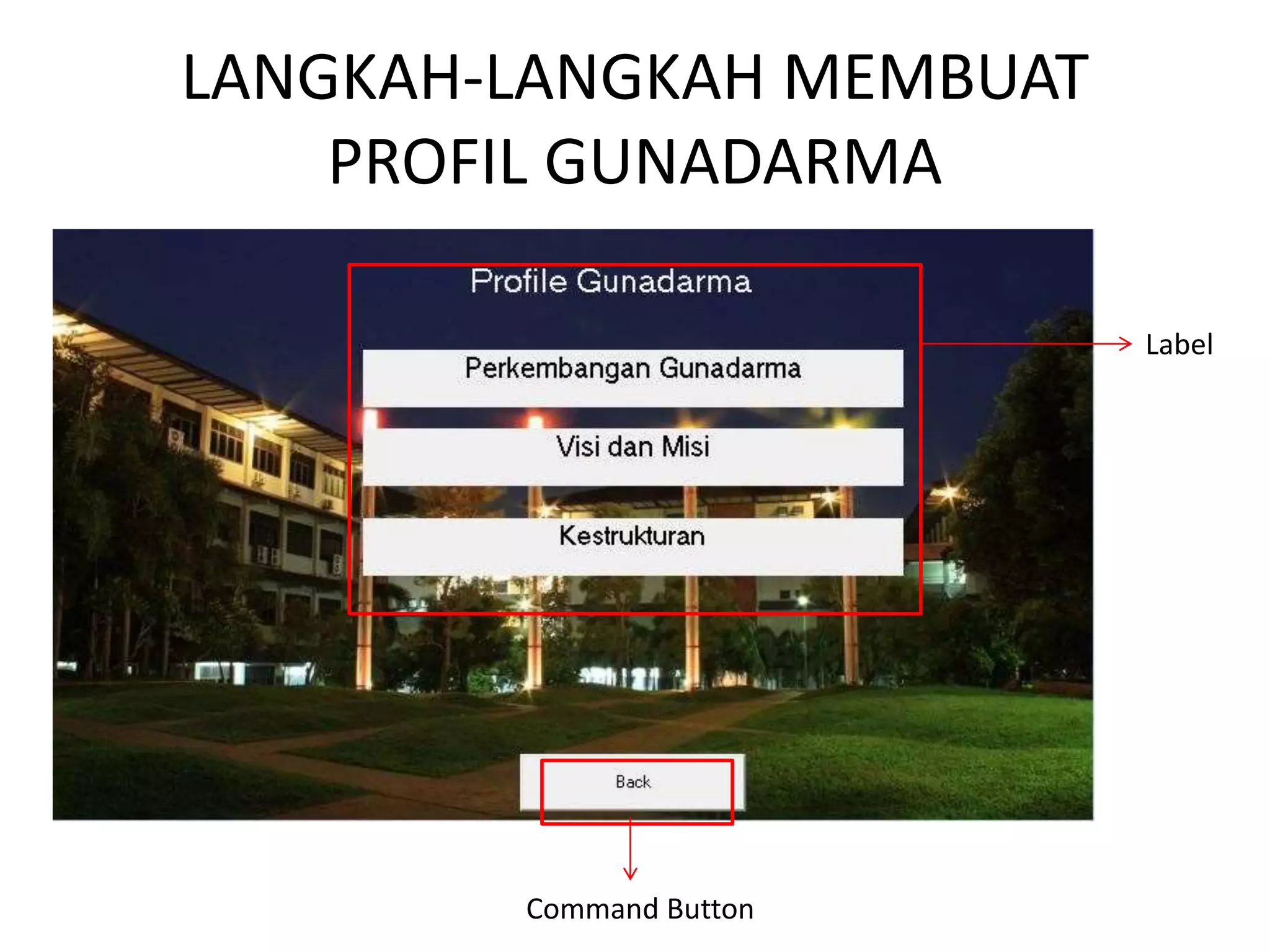 LANGKAH-LANGKAH MEMBUAT
PROFIL GUNADARMA
Label
Command Button
 