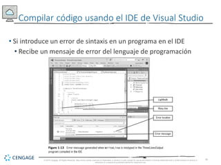 36
Compilar código usando el IDE de Visual Studio
• Si introduce un error de sintaxis en un programa en el IDE
• Recibe un mensaje de error del lenguaje de programación
© 2018 Cengage. All Rights Reserved. May not be copied, scanned, or duplicated, in whole or in part, except for use as permitted in a license distributed with a certain product or service or
otherwise on a password-protected website for classroom use.
 
