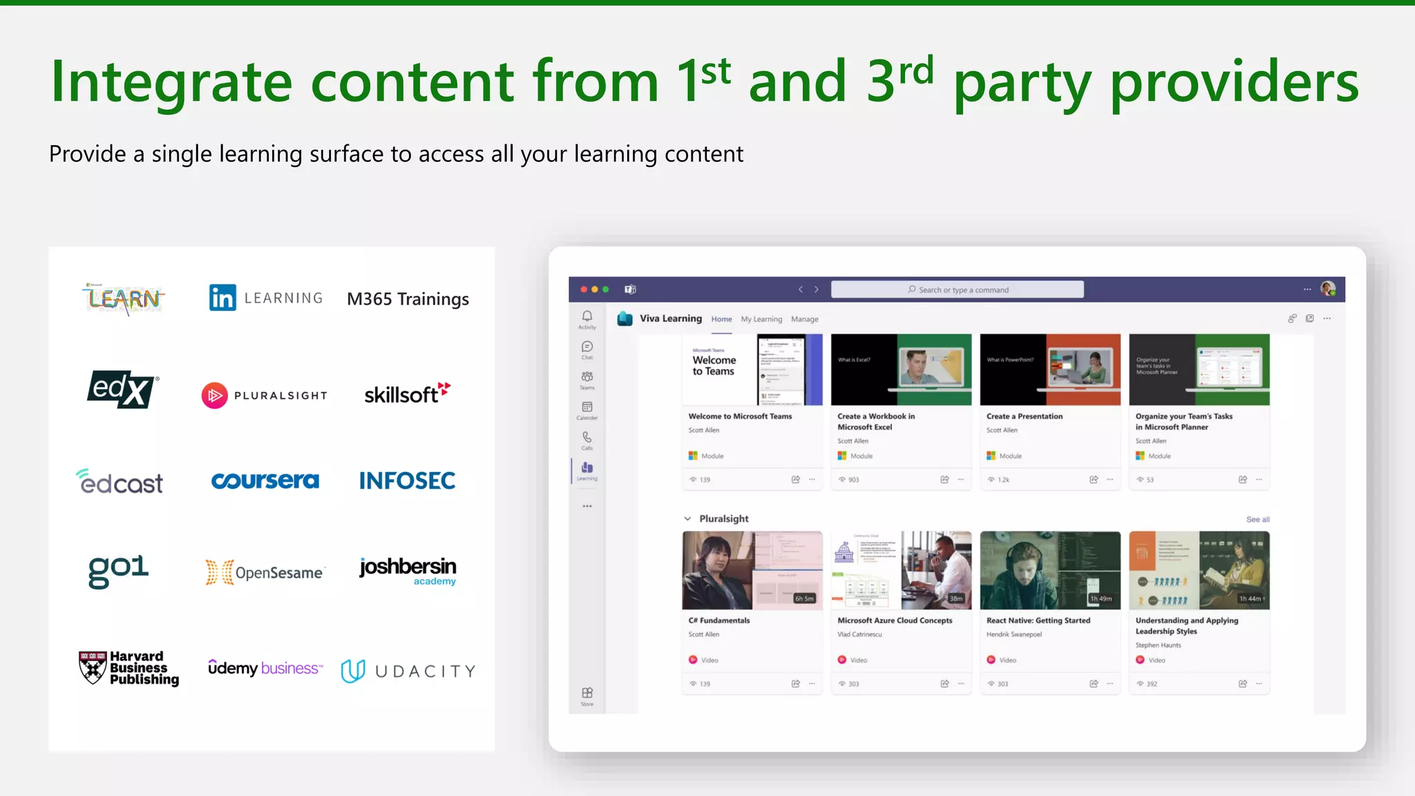 Integrate content from 1st and 3rd party providers
Provide a single learning surface to access all your learning content
 