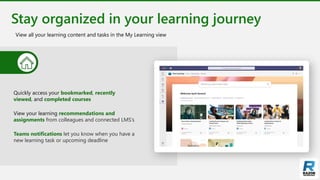Stay organized in your learning journey
View all your learning content and tasks in the My Learning view
Quickly access your bookmarked, recently
viewed, and completed courses
View your learning recommendations and
assignments from colleagues and connected LMS’s
Teams notifications let you know when you have a
new learning task or upcoming deadline
 