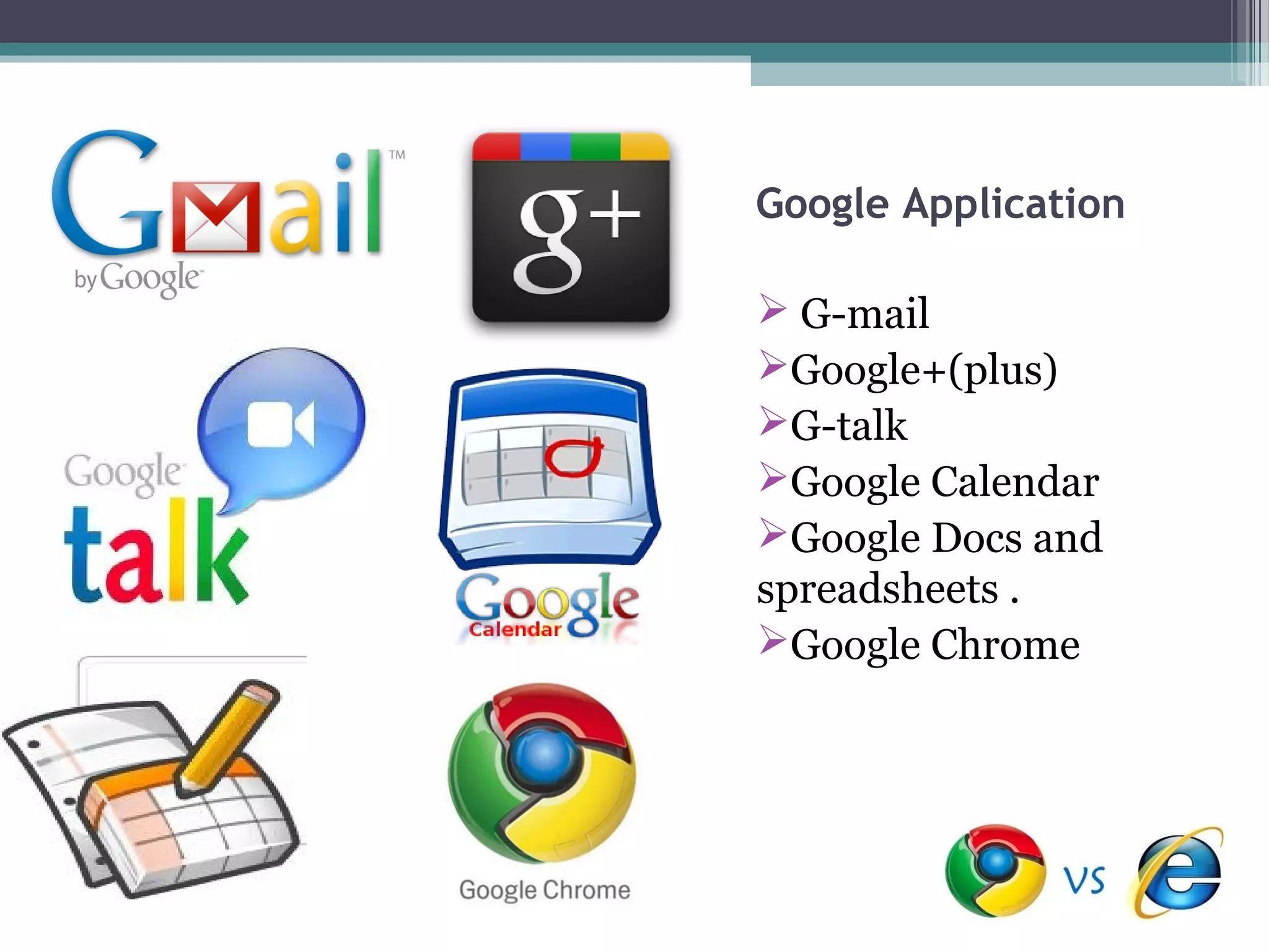 Google Application

 G-mail
Google+(plus)
G-talk
Google Calendar
Google Docs and
spreadsheets .
Google Chrome
 