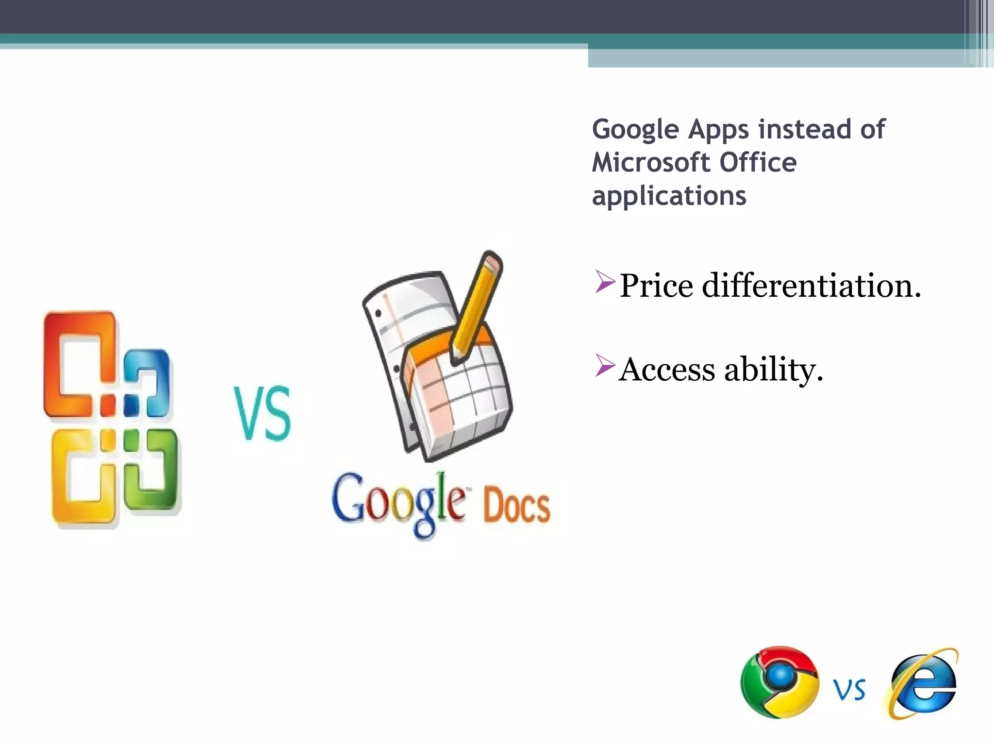 Google Apps instead of
Microsoft Office
applications


Price differentiation.

Access ability.
 