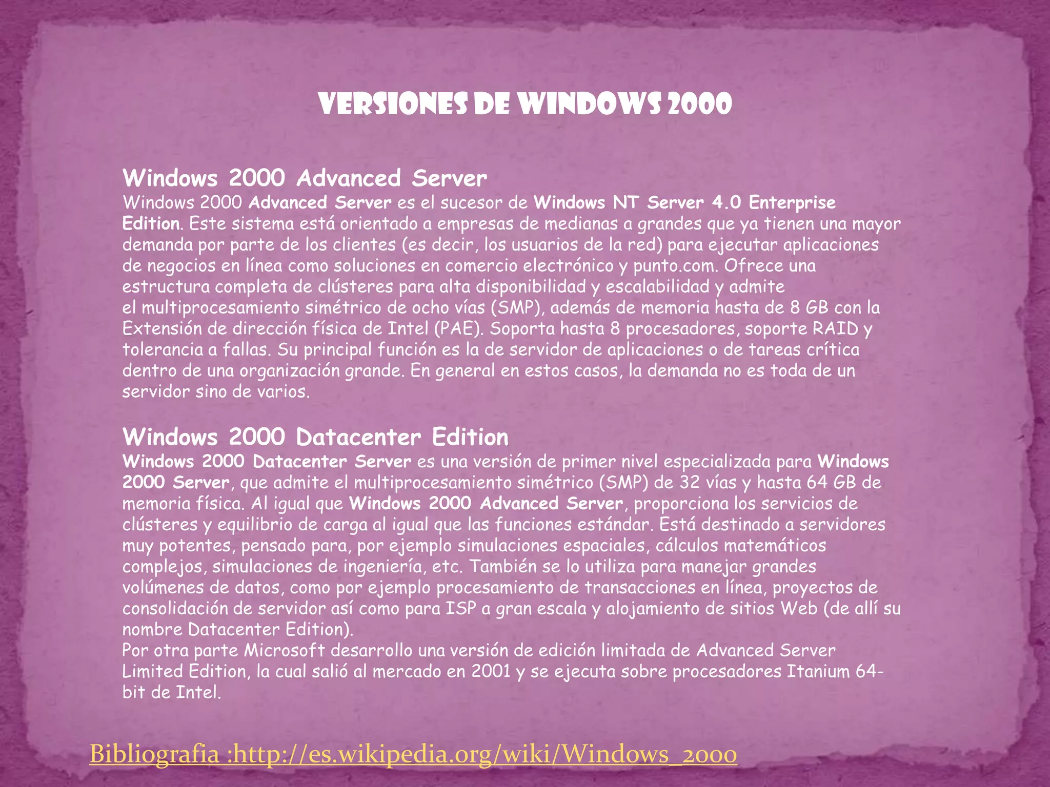 característicasWindows ME, sucesor de Windows 98, fue puesto en el mercado como "Home Edition" cuando fue comparado con Windows 2000 que había sido lanzado siete meses antes. Incluía Internet Explorer 5.5, Windows Media Player 7 y la nueva aplicación Windows Movie Maker, que tiene como propósito la edición del vídeo con varias opciones básicas y fue diseñado para que fuera de gran facilidad de uso para usuarios caseros. Microsoft también puso al día la interfaz gráfica con algunas de las características que primero fueron introducidas en Windows 2000.Windows ME no está construido bajo el núcleo de Windows NT pues fue utilizado solamente en los sistemas operativos profesionales de Microsoft hasta ese momento, a diferencia de Windows XP que sustituyó Windows Millenium Edition un año después. Windows ME es una versión basada de la familia de Win 9x como sus antecesores, pero con MS-DOS ejecutado en tiempo real pero muy restringido, para poder correr más rápido durante el arranque del sistema.Comparado con otros lanzamientos, Windows ME tuvo un ciclo de vida muy corto y pronto fue sustituido por Windows XP, el primer sistema operativo de escritorio de Microsoft para usuarios domésticos basado en el núcleo de Windows NT que fue lanzado el 25 de octubre de 2001.