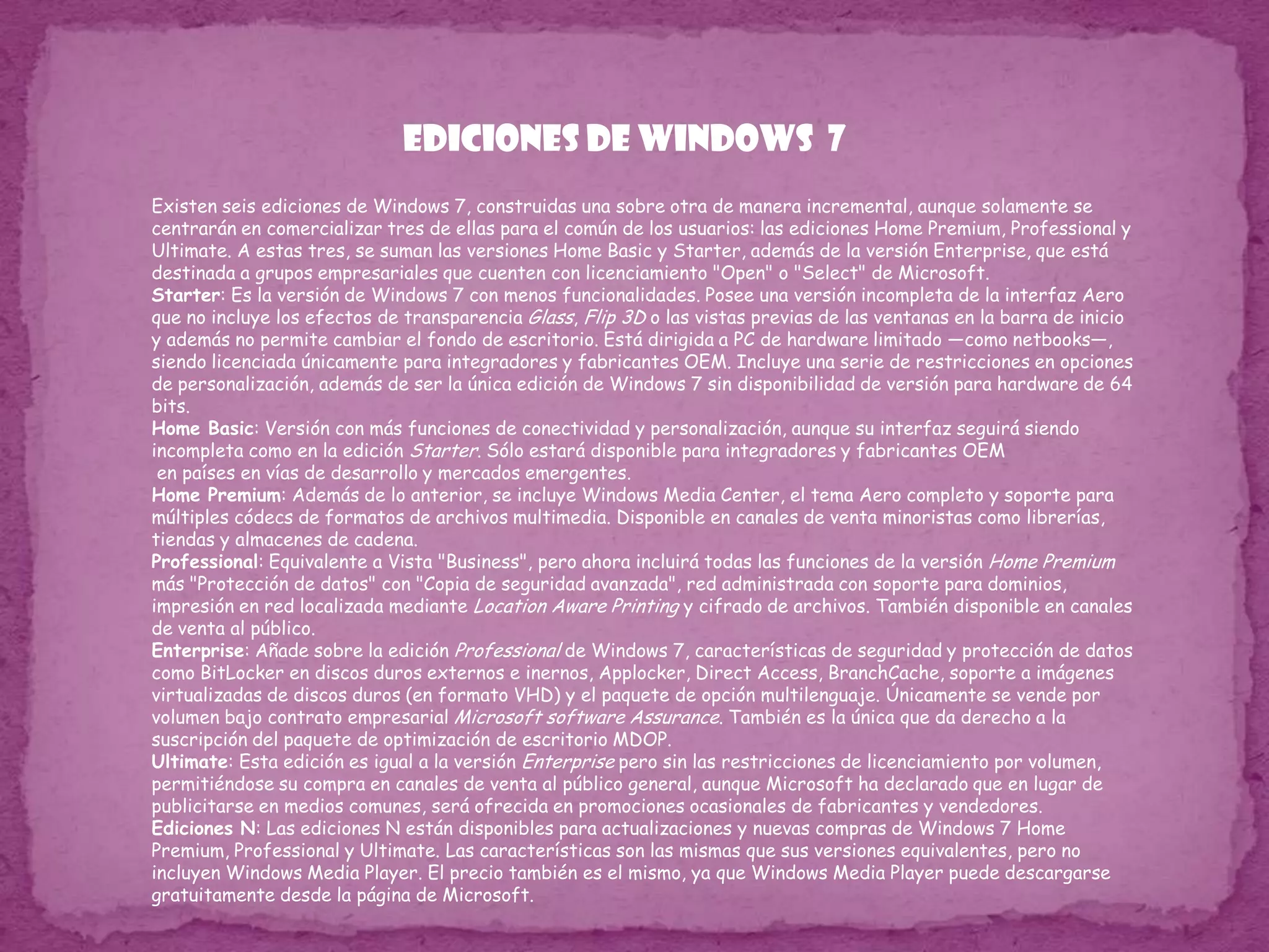 WINDOWS XPcuyo nombre en clave inicial fue Whistler) es una versión de Microsoft Windows, línea de sistemas operativos desarrollado por Microsoft. Lanzado al mercado el 25 de octubre de 2001, actualmente es el sistema operativo más utilizado del planeta (con una cuota de mercado del 58,4%) y se considera que existen más de 400 millones de copias funcionando. Las letras "XP" provienen de la palabra eXPeriencia (eXPerience en inglés). El Período de soporte extendido hasta el 8 de abril de 2014 (únicamente Service Pack 3). Sólo se proporcionarán actualizaciones de seguridad críticas.