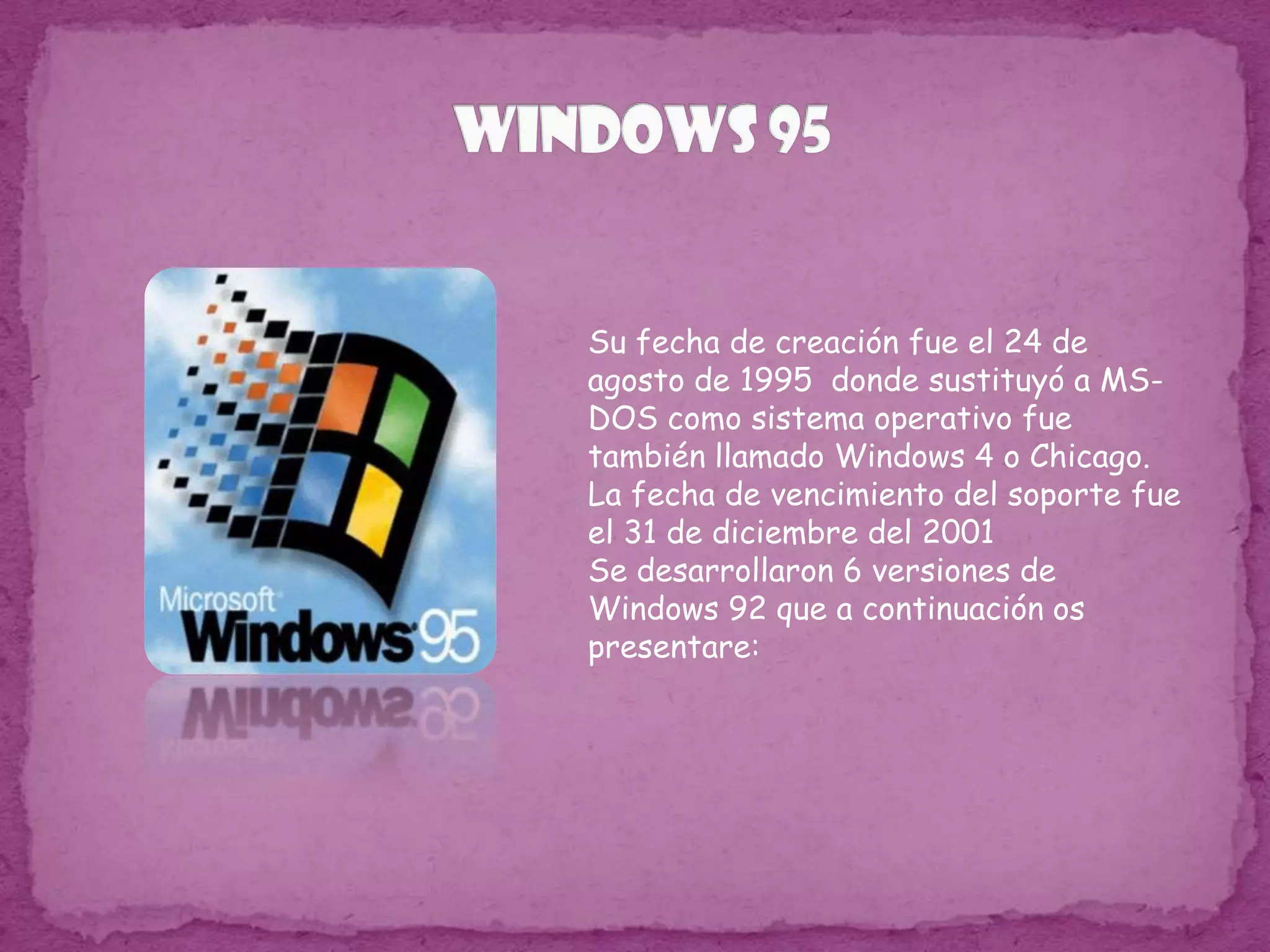 WINDOWS 95Su fecha de creación fue el 24 de agosto de 1995  donde sustituyó a MS-DOS como sistema operativo fue también llamado Windows 4 o Chicago. La fecha de vencimiento del soporte fue el 31 de diciembre del 2001Se desarrollaron 6 versiones de Windows 92 que a continuación os presentare: