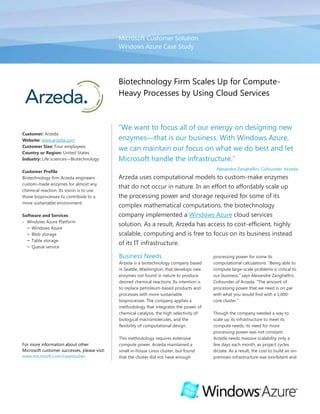 For more information about other Microsoft customer successes, please visit: www.microsoft.com/casestudiesCustomer: ArzedaWebsite: www.arzeda.comCustomer Size: Four employeesCountry or Region: United StatesIndustry: Life sciences—BiotechnologyCustomer ProfileBiotechnology firm Arzeda engineers custom-made enzymes for almost any chemical reaction. Its vision is to use those bioprocesses to contribute to a more sustainable environment. Software and ServicesWindows Azure PlatformWindows AzureBlob storageTable storageQueue service<br />04445Microsoft Customer SolutionWindows Azure Case Study00Biotechnology Firm Scales Up for Compute-Heavy Processes by Using Cloud Services<br />“We want to focus all of our energy on designing new enzymes—that is our business. With Windows Azure, we can maintain our focus on what we do best and let Microsoft handle the infrastructure.”<br />Alexandre Zanghellini, Cofounder, Arzeda<br />Arzeda uses computational models to custom-make enzymes that do not occur in nature. In an effort to affordably scale up the processing power and storage required for some of its complex mathematical computations, the biotechnology company implemented a Windows Azure cloud services solution. As a result, Arzeda has access to cost-efficient, highly scalable, computing and is free to focus on its business instead of its IT infrastructure. <br />Business Needs<br />Arzeda is a biotechnology company based in Seattle, Washington, that develops new enzymes not found in nature to produce desired chemical reactions. Its intention is to replace petroleum-based products and processes with more sustainable bioprocesses. The company applies a methodology that integrates the power of chemical catalysis, the high selectivity of biological macromolecules, and the flexibility of computational design. <br />This methodology requires extensive compute power. Arzeda maintained a small in-house Linux cluster, but found that the cluster did not have enough processing power for some its computational calculations. “Being able to compute large-scale problems is critical to our business,” says Alexandre Zanghellini, Cofounder of Arzeda. “The amount of processing power that we need is on par with what you would find with a 1,000-core cluster.” <br /> <br />Though the company needed a way to scale up its infrastructure to meet its compute needs, its need for more processing power was not constant. Arzeda needs massive scalability only a few days each month, as project cycles dictate. As a result, the cost to build an on-premises infrastructure was exorbitant and unrealistic for the small company. In fact, Arzeda estimated that to build and maintain the IT infrastructure required to handle the computational capacity that it occasionally needed would cost at least U.S.$250,000. “We don’t have a need for static computational capacity,” explains Zanghellini. “So to invest that amount of capital would simply be overpaying for infrastructure that we use only a fraction of the time.” <br />Solution<br />To address its needs for highly scalable, cost-efficient processing for its computational design methodology, Arzeda decided to implement the Windows Azure cloud services operating system. Windows Azure serves as the development, service hosting, and service management environment for the Windows Azure platform. It provides developers with on-demand compute and storage services to host, scale, and manage web applications on the Internet through Microsoft data centers.<br />After enrolling in the Technology Adoption Program for Windows Azure in May 2009, the company worked closely with Microsoft to get its UNIX-based software to run on a Windows-based platform. In September 2009, Arzeda started developing its computing service for Windows Azure and was up and running by December 2009. “Developing for Windows Azure is straightforward, but working with the Microsoft team to port the software from UNIX was a big part of the success of this project,” says Yih-En Andrew Ban, Project Leader and Scientist at Arzeda. <br />Arzeda uses Windows Azure compute and storage services. Scientists at Arzeda prepare jobs for computation, packaging them in XML messages and sending them to queue storage in Windows Azure. Scientists then submit a job request and start compute instances—anywhere from tens to hundreds of instances—on Windows Azure, which picks up the jobs from the queues and processes them. <br />The company uses Blob storage in Windows Azure for its data input and data output files, which are also easily scalable. The data input for its jobs is typically in the magnitude of tens of megabytes, but the output is in the magnitude of tens of gigabytes. Arzeda also uses Table storage in Windows Azure to store job-state information. <br />When the jobs are complete, scientists download the computations to on-premises computers that the company uses for data analysis. Using a sweeper process, Arzeda can automatically shut down its Windows Azure instances as soon as all the jobs are finished processing.<br />Benefits<br />As a result of implementing Windows Azure, Arzeda has a cost-efficient, scalable solution for its compute-heavy computational transactions, so now it can focus on its business instead of worrying about managing IT infrastructure.<br />Improved Scalability for Compute-Heavy Processes<br />When scientists at Arzeda are running compute-heavy processes for designing new enzymes, they can create as many Windows Azure instances as they need to complete the job—with just a few clicks. “We typically use anywhere from tens to hundreds of Windows Azure instances for our jobs,” explains Ban. “However, as we grow and as demand dictates, we have the ability to quickly scale to the magnitude of thousands of instances.” <br />Avoided Costly Capital Expenditures<br />Building and maintaining an infrastructure that could handle the company’s computational needs during its peak times would have cost at least $250,000. By using Windows Azure, the company can take advantage of infrastructure at Microsoft data centers and pay only for the resources it uses. “Windows Azure offers tremendous flexibility, and we pay only for what we use,” says Zanghellini. “We’re spending only 13 percent of what would have been our capital expense for an on-premises solution, and have made it just an operational expense. For an early-stage company, when access to capital is very expensive and usually a lengthy process, this is a decisive advantage.”<br />Frees Scientists to Focus on Business<br />With only four employees, Arzeda does not have extra resources available to maintain a large IT infrastructure. “We want to focus all of our energy on designing new enzymes—that is our business,” says Zanghellini. “With Windows Azure, we can maintain our focus on what we do best and let Microsoft handle the infrastructure. Instead of managing infrastructure, we can explore nearly infinite protein libraries and deliver solutions that are inaccessible with traditional enzyme engineering techniques.”<br />