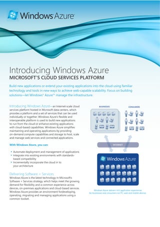 Windows Azure                ®                 TM




Introducing Windows Azure
MICROSOFT’S CLOUD SERVICES PLATFORM

technology and tools in new ways to achieve web-capable scalability. Focus on building
solutions—let Windows® Azure™ manage the infrastructure.


Introducing Windows Azure—an Internet-scale cloud
services platform hosted in Microsoft data centers, which
provides a platform and a set of services that can be used

interoperable platform is used to build new applications


maintaining and operating applications by providing
on-demand compute capabilities and storage to host, scale
and manage web services and connected applications.

With Windows Azure, you can:

   Automate deployment and management of applications

   based compatibility
   Incrementally incorporate the cloud in to
   your architecture


Delivering Software + Services
Windows Azure is the latest technology in Microsoft’s
Software + Services strategy, which helps meet the growing

devices, on-premises applications and cloud-based services.
                                                                   Windows Azure delivers rich application experiences
Windows Azure provides an environment fordeveloping,          for businesses and consumers via PC, web and mobile devices.
operating, migrating and managing applications using a
common toolset.
 