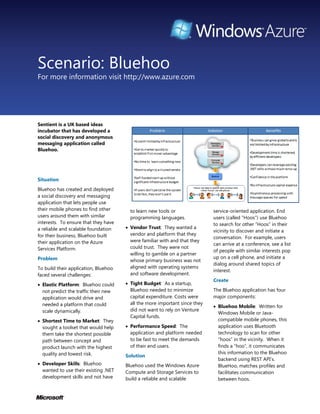 Scenario: Bluehoo
For more information visit http://www.azure.com




Sentient is a UK based ideas
incubator that has developed a
social discovery and anonymous
messaging application called
Bluehoo.




Situation
Bluehoo has created and deployed
a social discovery and messaging
application that lets people use
their mobile phones to find other       to learn new tools or               service-oriented application. End
users around them with similar          programming languages.              users (called “Hoos”) use Bluehoo
interests. To ensure that they have                                         to search for other “Hoos” in their
a reliable and scalable foundation     Vendor Trust: They wanted a
                                                                            vicinity to discover and initiate a
for their business, Bluehoo built       vendor and platform that they
                                                                            conversation. For example, users
their application on the Azure          were familiar with and that they
                                                                            can arrive at a conference, see a list
Services Platform.                      could trust. They were not
                                                                            of people with similar interests pop
                                        willing to gamble on a partner
Problem                                                                     up on a cell phone, and initiate a
                                        whose primary business was not
                                                                            dialog around shared topics of
To build their application, Bluehoo     aligned with operating systems
                                                                            interest.
faced several challenges:               and software development.
                                                                            Create
 Elastic Platform: Bluehoo could      Tight Budget: As a startup,
  not predict the traffic their new     Bluehoo needed to minimize          The Bluehoo application has four
  application would drive and           capital expenditure. Costs were     major components:
  needed a platform that could          all the more important since they
                                                                             Bluehoo Mobile: Written for
  scale dynamically.                    did not want to rely on Venture
                                                                              Windows Mobile or Java-
                                        Capital funds.
 Shortest Time to Market: They                                               compatible mobile phones, this
  sought a toolset that would help     Performance Speed: The                application uses Bluetooth
  them take the shortest possible       application and platform needed       technology to scan for other
  path between concept and              to be fast to meet the demands        “hoos” in the vicinity. When it
  product launch with the highest       of their end users.                   finds a “hoo”, it communicates
  quality and lowest risk.                                                    this information to the Bluehoo
                                      Solution
                                                                              backend using REST API’s.
 Developer Skills: Bluehoo           Bluehoo used the Windows Azure          BlueHoo, matches profiles and
  wanted to use their existing .NET   Compute and Storage Services to         facilitates communication
  development skills and not have     build a reliable and scalable           between hoos.
 