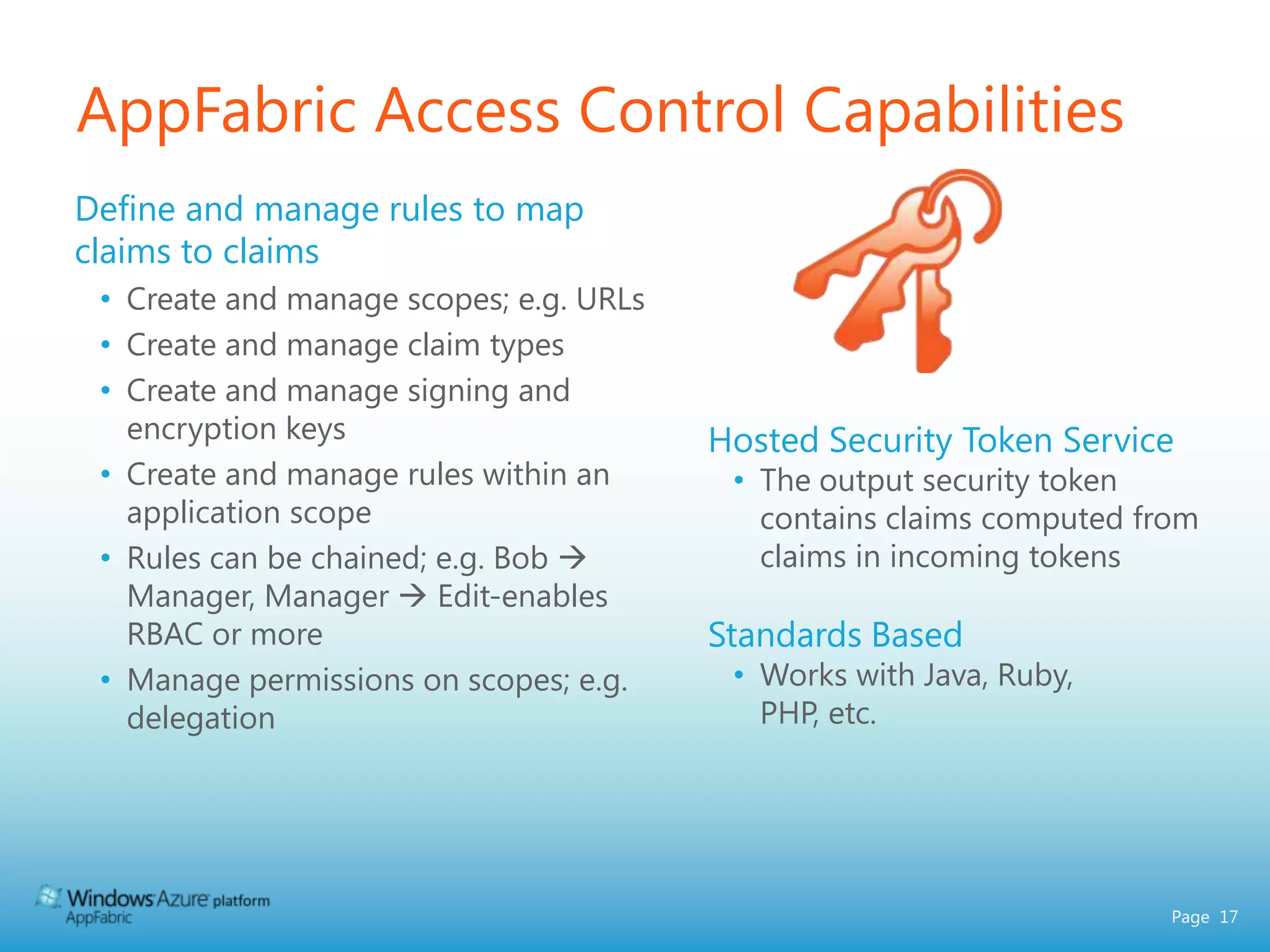 AppFabric Service BusExpose apps and servicesover the internet across firewall, domain, and network boundariesCommunicate bi-directionally between in an interoperable mannerChoose interaction patterns to fit your application architecture,like eventing, service remoting, and protocol tunnelingScale out naturally and reliably as applications and services grow