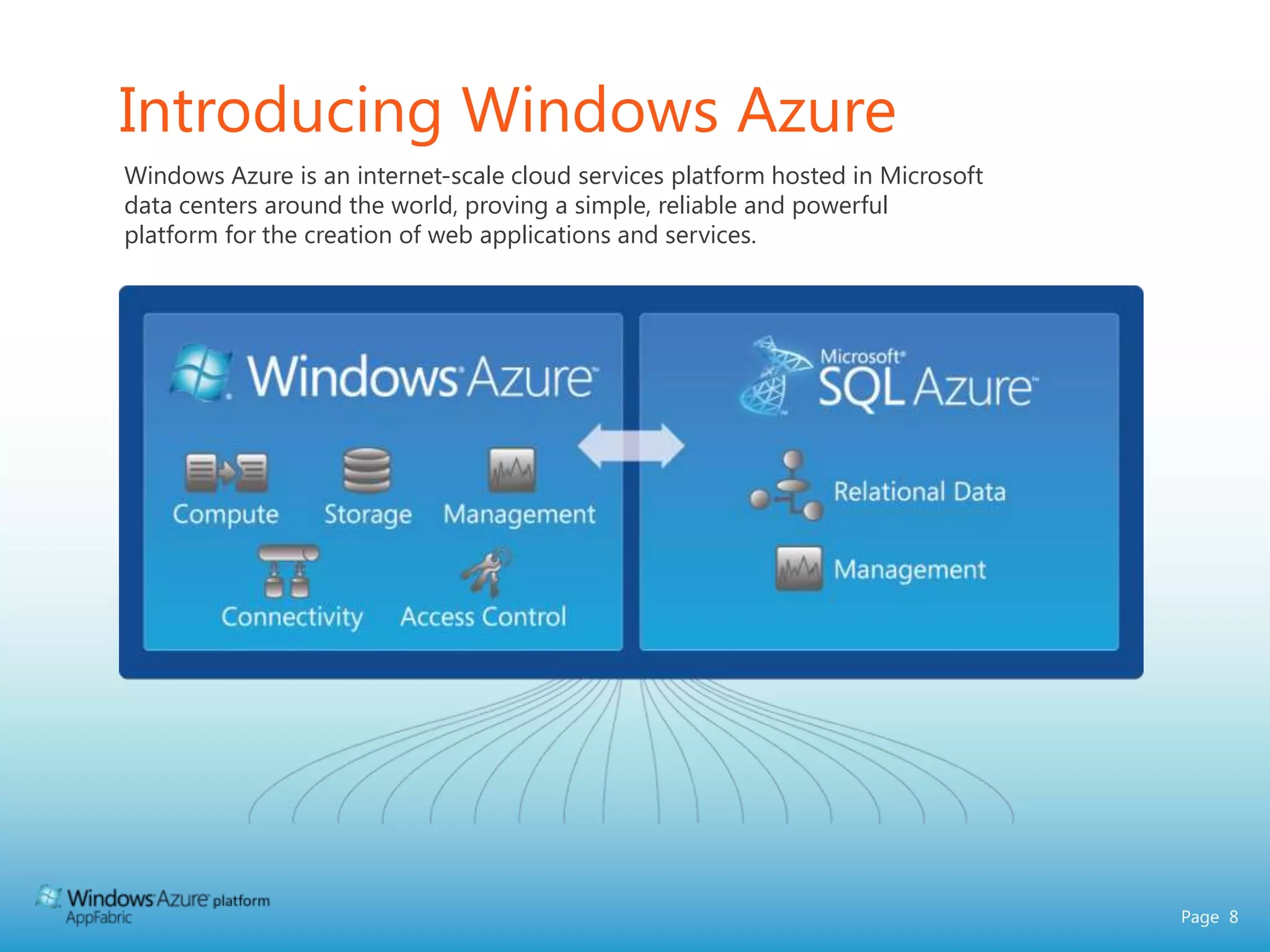 Introducing Windows AzureWindows Azure is an internet-scale cloud services platform hosted in Microsoft data centers around the world, proving a simple, reliable and powerful platform for the creation of web applications and services. 