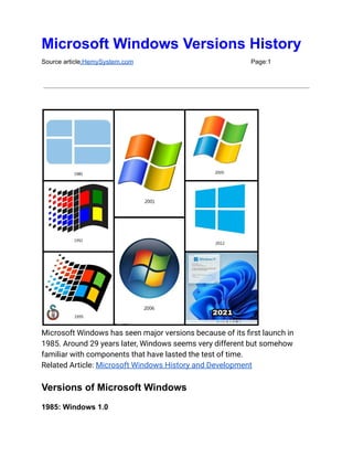 Microsoft Windows Versions History
Source article:HemySystem.com Page:1
Microsoft Windows has seen major versions because of its first launch in
1985. Around 29 years later, Windows seems very different but somehow
familiar with components that have lasted the test of time.
Related Article: Microsoft Windows History and Development
Versions of Microsoft Windows
1985: Windows 1.0
 
