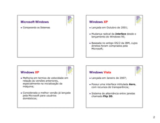 Microsoft Windows                            Windows XP
   Comparando os Sistemas                      Lançada em Outubro de 2001;

                                                Mudança radical da Interface desde o
                                                 lançamento do Windows 95;

                                                Baseada no antigo OS/2 da IBM, cujos
                                                 direitos foram comprados pela
                                                 Microsoft;




Windows XP                                   Windows Vista
   Melhoria em termos de velocidade em         Lançada em Janeiro de 2007;
    relação às versões anteriores,
    especialmente na inicialização da           Possui uma interface intitulada Aero,
    máquina;                                     com recursos de transparência;

   Considerada a melhor versão já lançada      Sistema de alternância entre janelas
    pela Microsoft para usuários                 chamado Flip 3D.
    domésticos;




                                                                                         2
 