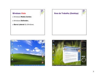 Windows Vista                   Área de Trabalho (Desktop)
   Windows Media Center;

   Windows Defender;

   Barra Lateral do Windows.




                                                             3
 