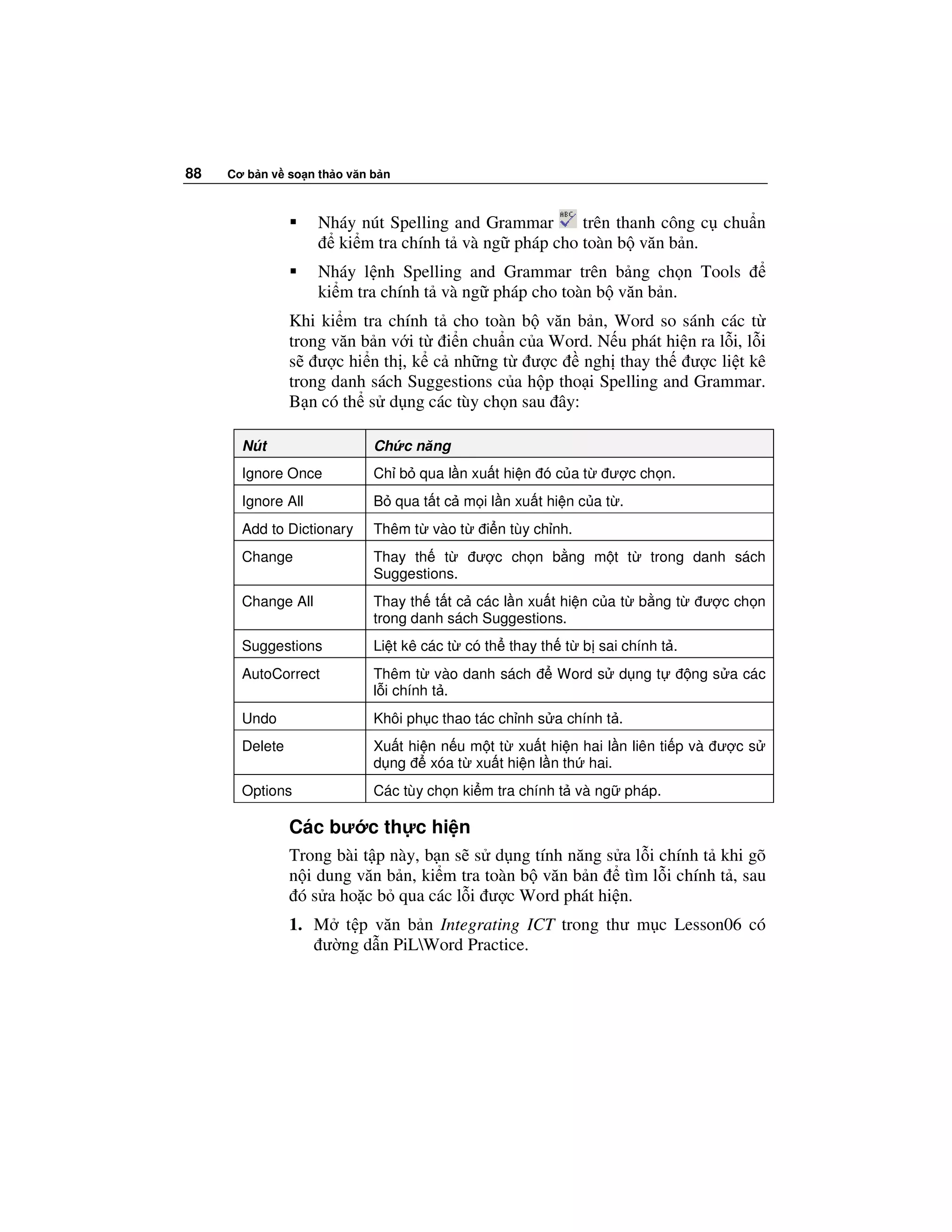 88   Cơ b n v so n th o văn b n



                    Nháy nút Spelling and Grammar     trên thanh công c chu n
                      ki m tra chính t và ng pháp cho toàn b văn b n.
                    Nháy l nh Spelling and Grammar trên b ng ch n Tools
                    ki m tra chính t và ng pháp cho toàn b văn b n.
                Khi ki m tra chính t cho toàn b văn b n, Word so sánh các t
                trong văn b n v i t i n chu n c a Word. N u phát hi n ra l i, l i
                s ư c hi n th , k c nh ng t ư c        ngh thay th ư c li t kê
                trong danh sách Suggestions c a h p tho i Spelling and Grammar.
                B n có th s d ng các tùy ch n sau ây:

       Nút                  Ch c năng
       Ignore Once          Ch b qua l n xu t hi n ó c a t     ư c ch n.
       Ignore All           B qua t t c m i l n xu t hi n c a t .
       Add to Dictionary    Thêm t vào t     i n tùy ch nh.
       Change               Thay th t      ư c ch n b ng m t t       trong danh sách
                            Suggestions.
       Change All           Thay th t t c các l n xu t hi n c a t b ng t     ư c ch n
                            trong danh sách Suggestions.
       Suggestions          Li t kê các t có th thay th t b sai chính t .
       AutoCorrect          Thêm t vào danh sách        Word s d ng t       ng s a các
                            l i chính t .
       Undo                 Khôi ph c thao tác ch nh s a chính t .
       Delete               Xu t hi n n u m t t xu t hi n hai l n liên ti p và ư c s
                            d ng    xóa t xu t hi n l n th hai.
       Options              Các tùy ch n ki m tra chính t và ng pháp.

                Các bư c th c hi n
                Trong bài t p này, b n s s d ng tính năng s a l i chính t khi gõ
                n i dung văn b n, ki m tra toàn b văn b n   tìm l i chính t , sau
                 ó s a ho c b qua các l i ư c Word phát hi n.
                1. M t p văn b n Integrating ICT trong thư m c Lesson06 có
                    ư ng d n PiLWord Practice.
 