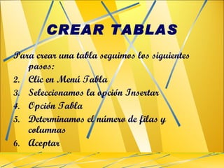 CREAR TABLAS Para crear una tabla seguimos los siguientes pasos: Clic en Menú Tabla Seleccionamos la opción Insertar Opción Tabla Determinamos el número de filas y columnas Aceptar 