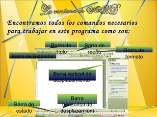 Encontramos todos los comandos necesarios para trabajar en este programa como son: Barra de título Barra de menú Barra de Estándar Barra de formato Barra de estado Barra horizontal de desplazamiento Barra vertical de desplazamiento   La ventana de WORD 