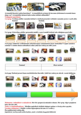 Avtomobil hissələri nədən hazırlanır? Avtomobillərin artması ilə havanın çirklənməsi arasında hansı
əlaqə var? Avtomobilin işləməsi üçün nədən istifadə edilməlidir?
Tədqiqatın aparılması:
1-ci qrup: Verilmış şəkillər əsasında istehsal və istehsal prosesini verilənlər əsasında ayırın və şərh edin:
İstehsal İstehlak
2-ci qrup: Göstərilmş şəkillər qarşısında maddi və qeyri maddi istehsal sahə olduğunu qeyd edin:
3-cü qrup: Şəkllərdə verlilənlərdən anlardan hansı xammal,hansı hazır məhsuldur? Uyğun xanalara
xammal və ondan alınan məhsulların adını şəkil üzrə müəyyən edib yazın:
Xammal Hazır məhsul
4-cü qup: İstehsal prosesi hansı mərhələlərdən ibarətdir. Şəkil üzrə müəyyən edərək sxemi doldurun.
Məlumatın mübadiləsi və müzakirəsi: Hər bir qrupun işi müzakirə olunur. Hər qrup digər qrupların
işinə əlavələr edir.
Nəticə və ümüumiləşdirmə: Müəllim şagirdlərlə birlikdə tdqiqat sualına və fərziyyələrə qayıdır.
Yaradıcı tətbiqetmə: ( Sinifdə verilən tapşırıqların davamı evə verilir.):
Öyrəndiklərinizi tətbiq edin
Şagirdlərin Azərbaycanda neftin hasilatı, emalı və istehlakı haqqında biliklərini
 