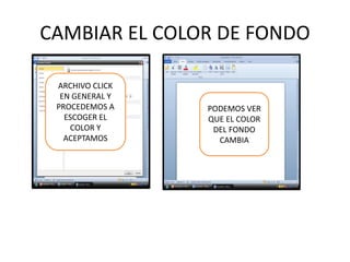 CAMBIAR EL COLOR DE FONDO
ARCHIVO CLICK
EN GENERAL Y
PROCEDEMOS A
ESCOGER EL
COLOR Y
ACEPTAMOS
PODEMOS VER
QUE EL COLOR
DEL FONDO
CAMBIA
 
