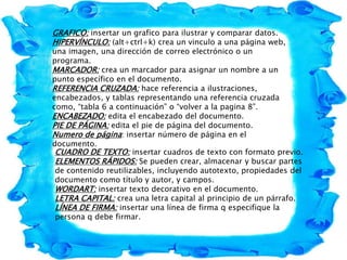 GRAFICO: insertar un grafico para ilustrar y comparar datos.
HIPERVÍNCULO: (alt+ctrl+k) crea un vinculo a una página web,
una imagen, una dirección de correo electrónico o un
programa.
MARCADOR: crea un marcador para asignar un nombre a un
punto específico en el documento.
REFERENCIA CRUZADA: hace referencia a ilustraciones,
encabezados, y tablas representando una referencia cruzada
como, “tabla 6 a continuación” o “volver a la pagina 8”.
ENCABEZADO: edita el encabezado del documento.
PIE DE PÁGINA: edita el pie de página del documento.
Numero de página: insertar número de página en el
documento.
CUADRO DE TEXTO: insertar cuadros de texto con formato previo.
ELEMENTOS RÁPIDOS: Se pueden crear, almacenar y buscar partes
de contenido reutilizables, incluyendo autotexto, propiedades del
documento como título y autor, y campos.
WORDART: insertar texto decorativo en el documento.
LETRA CAPITAL: crea una letra capital al principio de un párrafo.
LÍNEA DE FIRMA: insertar una línea de firma q especifique la
persona q debe firmar.
 