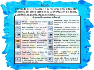 Párrafo
Dentro de este recuadro se puede organizar diferentes
aspectos del texto como lo es la orientación del texto,
y también se puede agregar viñetas.
 
