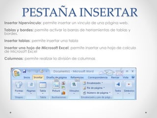 PESTAÑA INSERTAR
Insertar hipervínculo: permite insertar un vinculo de una página web.
Tablas y bordes: permite activar la barras de herramientas de tablas y
bordes.
Insertar tablas: permite insertar una tabla
Insertar una hoja de Microsoft Excel: permite insertar una hoja de calculo
de Microsoft Excel
Columnas: permite realizar la división de columnas
 