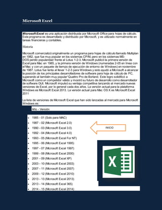 Microsoft Excel
Microsoft Excel es una aplicación distribuida por Microsoft Office para hojas de cálculo.
Este programa es desarrollado y distribuido por Microsoft, y es utilizado normalmente en
tareas financieras y contables.
Historia
Microsoft comercializó originalmente un programa para hojas de cálculo llamado Multiplan
en 1982, que fue muy popular en los sistemas CP/M, pero en los sistemas MS-
DOS perdió popularidad frente al Lotus 1-2-3. Microsoft publicó la primera versión de
Excel para Mac en 1985, y la primera versión de Windows (numeradas 2-05 en línea con
el Mac y con un paquete de tiempo de ejecución de entorno de Windows) en noviembre
de 1987. Lotus fue lenta al llevar 1-2-3 para Windows y esto ayudó a Microsoft a alcanzar
la posición de los principales desarrolladores de software para hoja de cálculo de PC,
superando al también muy popular1
Quattro Pro de Borland. Este logro solidificó a
Microsoft como un competidor válido y mostró su futuro de desarrollo como desarrollador
de software GUI. Microsoft impulsó su ventaja competitiva lanzando al mercado nuevas
versiones de Excel, por lo general cada dos años. La versión actual para la plataforma
Windows es Microsoft Excel 2013. La versión actual para Mac OS X es Microsoft Excel
2011
La lista de versiones de Microsoft Excel que han sido lanzadas al mercado para Microsoft
Windows es:
Año - Versión
 1985 - 01 (Solo para MAC)
 1987 - 02 (Microsoft Excel 2.0)
 1990 - 03 (Microsoft Excel 3.0)
 1992 - 04 (Microsoft Excel 4.0)
 1993 - 05 (Microsoft Excel For NT)
 1995 - 06 (Microsoft Excel 1995)
 1997 - 07 (Microsoft Excel 1997)
 1999 - 08 (Microsoft Excel 2000)
 2001 - 09 (Microsoft Excel XP)
 2003 - 10 (Microsoft Excel 2003)
 2007 - 11 (Microsoft Excel 2007)
 2009 - 12 (Microsoft Excel 2010)
 2013 - 13 (Microsoft Excel 2013)
 2013 - 14 (Microsoft Excel 365)
 2014 - 15 (Microsoft Excel 2014)
INICIO
 