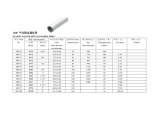 JSP 平包塑金属软管
PLASTIC COATED METAL FLEXIBLE PIPES
型号 Item
No.
规格 Specifications 外径及允许偏差
（mm）
Outer diameter
and tolerance
自然弯曲（mm）
Natural curve
最大轴向拉力
（kg）
Max.axial pull
包装单位（米）
Packaging unit
（mater）
单价（元）
Unit price
体积（m³）
Volume公制
Metric
英制 G
system
JSP-10 Ф10 5/16" 14.5±0.30 55 590 100
JSP-12 Ф12 16.5±0.35 60 710 100 5.50
JSP-13 Ф13 3/8" 17.5±0.35 65 765 100 5.50
JSP-15 Ф15 20.2±0.35 80 885 50 6.25
JSP-16 Ф16 1/2" 21.2±0.35 85 940 50 6.25
JSP-19 Ф19 24.5±0.40 95 1120 50 9.30
JSP-20 Ф20 3/4" 25.5±0.40 100 1180 50 9.30
JSP-25 Ф25 1" 31.7±0.45 120 1450 50 13.50
JSP-32 Ф32 1-1/4" 39.6±0.50 150 1885 20 18.50
JSP-38 Ф38 1-1/2" 46.6±0.60 180 2240 20 23.50
JSP-51 Ф51 2" 59.5±1.00 220 3000 20 35.00
JSP-64 Ф64 2-1/2" 73.0±1.50 310 10 55.00
JSP-75 Ф75 3" 88.9±2.00 350 10 72.50
JSP-100 Ф100 4" 114.3±3.00 410 10 105.80
 