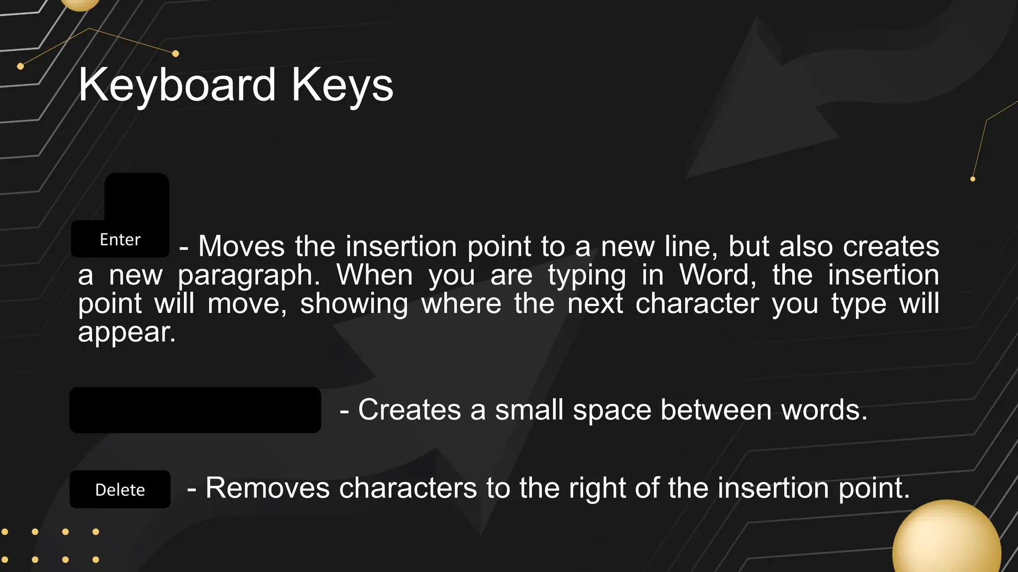 Keyboard Keys
- Moves the insertion point to a new line, but also creates
a new paragraph. When you are typing in Word, the insertion
point will move, showing where the next character you type will
appear.
- Creates a small space between words.
- Removes characters to the right of the insertion point.
Enter
Delete
Enter
 