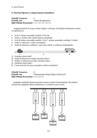 6. Sınıf Üniteler
113
F. Önerilen Öğretim ve Değerlendirme Etkinlikleri
Etkinlik umarası : 1
Etkinlik Adı : Sürati Hesaplayalım
Đlgili Olduğu Kazanımlar : 1.1; 1.2; 1.3; 1.4; 1.5
Aşağıda hareketli iki araca ait bazı bilgiler verilmiştir. Bu bilgileri kullanarak soruları
cevaplandırınız.
• A ile C noktası arasındaki uzaklık 12 km’dir.
• Araba ve otobüs sabit süratle hareket etmektedir.
• A ile B noktası arasındaki uzaklık, A ile C noktası arasındaki uzaklığın 3 katıdır.
• Araba C noktasına 1 saatte varmaktadır.
• Araba B noktasına vardıktan 1 saat sonra otobüs A noktasına ulaşmaktadır.
1. Arabanın sürati nedir?
2. Araba B noktasına ne kadar zamanda ulaşır?
3. Otobüs A noktasına ne kadar zamanda ulaşır?
4. Otobüsün sürati nedir?
5. 2 saat sonra her iki araç arasındaki uzaklık ne kadardır?
Etkinlik umarası : 2
Etkinlik Adı : Dinamometre Hangi Değeri Gösteriyor?
Đlgili Olduğu Kazanımlar : 2.1; 2.2; 2.3
Aşağıdaki şekillerde dinamometrelere asılmış cisimler bulunmaktadır. Bu şekilleri
inceleyerek aşağıdaki tabloyu doldurunuz ve sorulara cevap veriniz.
A
B
C
Ç
A C B
 