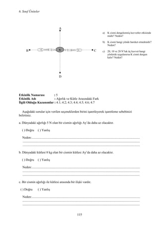 6. Sınıf Üniteler
115
A
B C
D
Etkinlik umarası : 5
Etkinlik Adı : Ağırlık ve Kütle Arasındaki Fark
Đlgili Olduğu Kazanımlar : 4.1; 4.2; 4.3; 4.4; 4.5; 4.6; 4.7
Aşağıdaki sorular için verilen seçeneklerden birini işaretleyerek işaretleme sebebinizi
belirtiniz.
a. Dünyadaki ağırlığı 5 N olan bir cismin ağırlığı Ay’da daha az olacaktır.
( ) Doğru ( ) Yanlış
Neden:.......................................................................................................................................
..................................................................................................................................................
..................................................................................................................................................
b. Dünyadaki kütlesi 8 kg olan bir cismin kütlesi Ay’da daha az olacaktır.
( ) Doğru ( ) Yanlış
Neden:.......................................................................................................................................
..................................................................................................................................................
..................................................................................................................................................
c. Bir cismin ağırlığı ile kütlesi arasında bir ilişki vardır.
( ) Doğru ( ) Yanlış
Neden:.......................................................................................................................................
..................................................................................................................................................
..................................................................................................................................................
K
a) K cismi dengelenmiş kuvvetler etkisinde
midir? Neden?
b) K cismi hangi yönde hareket etmektedir?
Neden?
c) 20, 10 ve 20 N’luk üç kuvvet hangi
yönlerde uygulanırsa K cismi durgun
kalır? Neden?
 