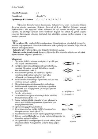 6. Sınıf Üniteler
134
Etkinlik umarası : 3
Etkinlik Adı : Engelli Yol
Đlgili Olduğu Kazanımlar : 2.1; 2.2; 2.3; 2.4; 2.5; 2.6; 2.7
Öğrenciler direnç kavramını tanımlamak, iletkenin boyu, kesiti ve cinsinin iletkenin
direncine etkisini açıklamak, iletkenin direncini etkileyen faktörleri birbirleri arasında
ilişkilendirmek için aşağıdaki rolleri üstlenerek bir rol oynama etkinliğini hep birlikte
yaparlar. Bu etkinliği yaptıktan sonra edindikleri bilgileri test etmek ve gerçek yaşama
benzeyen benzemeyen yönlerini belirlemek için etkinliğin sonunda verilen sorulara cevap
bulmaya çalışırlar.
Roller:
• Direnç görevi: Her sıradan birbirine doğru dönen öğrenciler direnç görevi görür, öğrenciler
birbirine doğru yaklaşarak direncin kesitini azaltır, çok sayıda öğrenci birbirine doğru dönerek
direncin uzunluğunu arttırır.
• Đletken tel görevi: Sıralı öğrenciler iletken bir teli temsil ederler.
• Đletkenin cinsini temsil görevi: Kız erkek öğrenciler (Kız öğrenciler alüminyum tel, erkek
öğrenciler bakır tel görevi görebilirler. )
Yönergeler:
1. Öğrenciler, birbirlerinin enselerini görecek şekilde yan
yana ikişerli sıra oluştururlar.
2. Her öğrenciden önündeki öğrenciyle yarım kol boyu,
yanındaki öğrenciyle yaklaşık iki kol boyu mesafe
bırakmaları istenir.(Şekil I)
3. Đkili sıranın bir yerinde, her sıradan iki öğrenci,
birbirlerine doğru döner ve her biri birer adım
yaklaşarak aynı hizaya gelir.(Şekil II)
4. Bu ikili sıranın içinden diğer öğrencilerin belli bir süre
kesintisiz geçişleri sağlanır.
5. Öğrencilerin sıranın içinden geçişleri gözlemlenir.
6. Birbirine dönük öğrencilerin birbirlerine doğru birer
adım daha, aynı hizaya gelecek şekilde yaklaşmaları
istenir.(Şekil III)
7. Geçişler gözlemlenir.
8. Her sıradan ikişer öğrencinin daha yüzlerini birbirine
dönmeleri istenir.(Şekil IV)
9. Önceki birbirine dönük öğrencilerin birer adım geriye
giderek yeni birbirine doğru dönen öğrencilerle aynı
hizaya gelmeleri istenir.
10. Öğrencilerin geçişleri gözlemlenir.
11. Sekiz öğrencinin hep birlikte birbirlerine doğru birer
adım yaklaşmaları istenir.(Şekil V)
12. Bu yaklaşma sırasında aradan öğrenci geçişleri gözlemlenir.
13. Đkili sıra oluşturulduğunda, her sıradan birbirine dönecek iki kız
öğrencinin seçilmesi sağlanır.
14. Kız öğrencilerin, kolları yere paralel olacak şekilde, el ele
tutuşmaları istenir. Kız öğrenciler kollarını biraz aşağıya
indirirler.
 