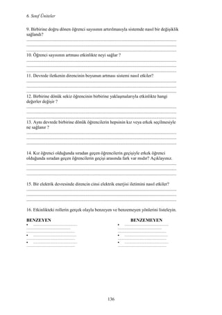 6. Sınıf Üniteler
136
9. Birbirine doğru dönen öğrenci sayısının artırılmasıyla sistemde nasıl bir değişiklik
sağlandı?
......................................................................................................................................
......................................................................................................................................
......................................................................................................................................
10. Öğrenci sayısının artması etkinlikte neyi sağlar ?
......................................................................................................................................
......................................................................................................................................
......................................................................................................................................
11. Devrede iletkenin direncinin boyunun artması sistemi nasıl etkiler?
......................................................................................................................................
......................................................................................................................................
......................................................................................................................................
12. Birbirine dönük sekiz öğrencinin birbirine yaklaşmalarıyla etkinlikte hangi
değerler değişir ?
......................................................................................................................................
......................................................................................................................................
......................................................................................................................................
13. Aynı devrede birbirine dönük öğrencilerin hepsinin kız veya erkek seçilmesiyle
ne sağlanır ?
......................................................................................................................................
......................................................................................................................................
......................................................................................................................................
14. Kız öğrenci olduğunda sıradan geçen öğrencilerin geçişiyle erkek öğrenci
olduğunda sıradan geçen öğrencilerin geçişi arasında fark var mıdır? Açıklayınız.
......................................................................................................................................
......................................................................................................................................
......................................................................................................................................
15. Bir elektrik devresinde direncin cinsi elektrik enerjisi iletimini nasıl etkiler?
......................................................................................................................................
......................................................................................................................................
......................................................................................................................................
16. Etkinlikteki rollerin gerçek olayla benzeyen ve benzemeyen yönlerini listeleyin.
BE ZEYE BE ZEMEYE
• ...........................................................
...........................................................
.................................................................
• ..........................................................
.................................................................
• ...........................................................
.................................................................
• ...........................................................
...........................................................
.................................................................
• ..........................................................
.................................................................
• ...........................................................
.................................................................
 