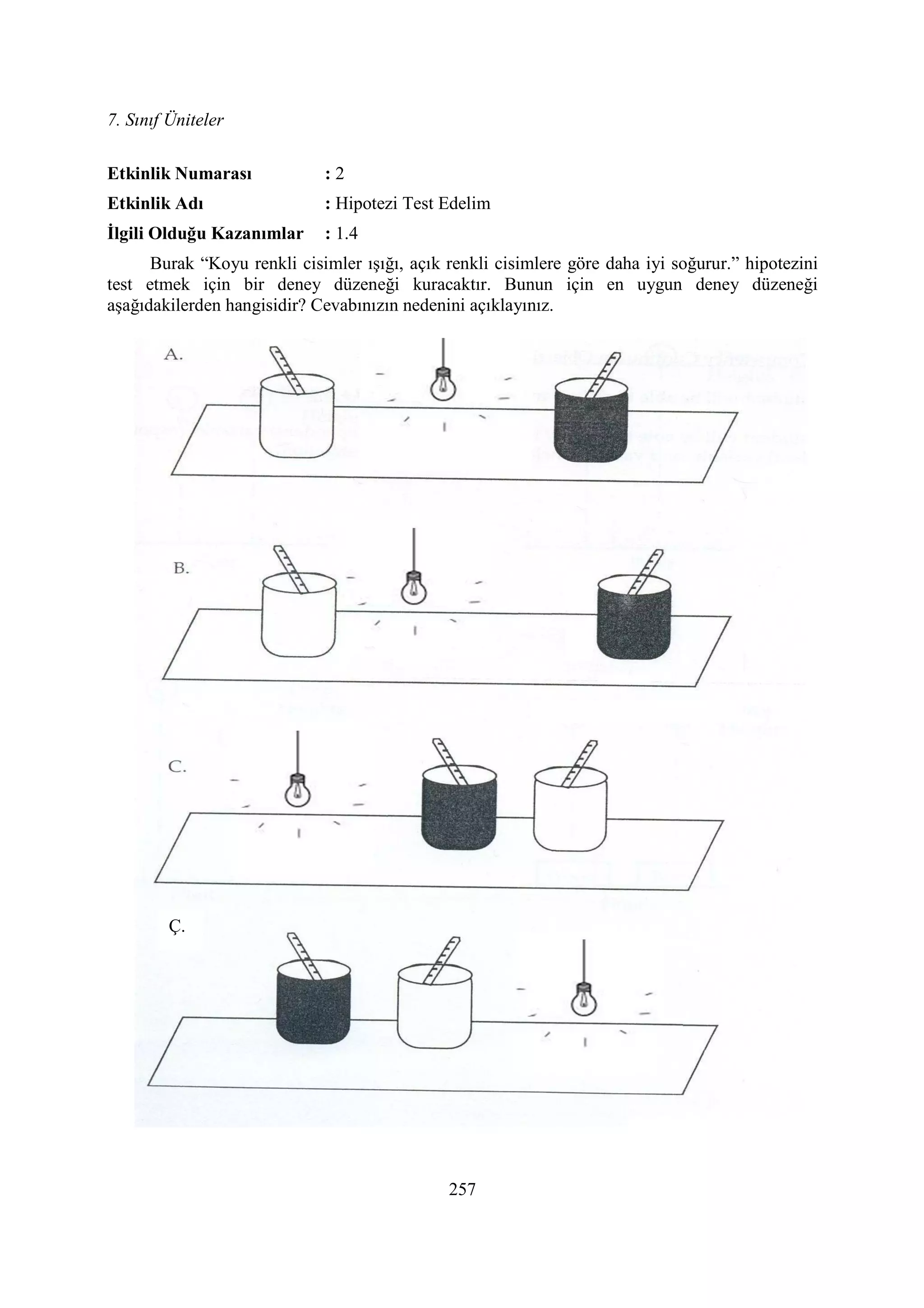7. Sınıf Üniteler
257
Etkinlik umarası : 2
Etkinlik Adı : Hipotezi Test Edelim
Đlgili Olduğu Kazanımlar : 1.4
Burak “Koyu renkli cisimler ışığı, açık renkli cisimlere göre daha iyi soğurur.” hipotezini
test etmek için bir deney düzeneği kuracaktır. Bunun için en uygun deney düzeneği
aşağıdakilerden hangisidir? Cevabınızın nedenini açıklayınız.
Ç.
 