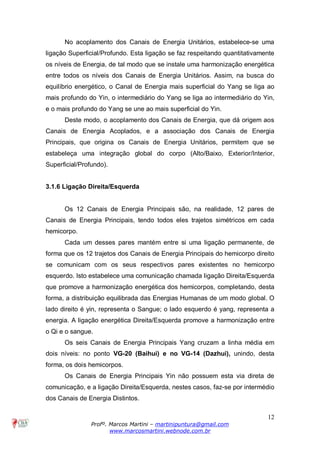 12
Profº. Marcos Martini – martinipuntura@gmail.com
www.marcosmartini.webnode.com.br
No acoplamento dos Canais de Energia Unitários, estabelece-se uma
ligação Superficial/Profundo. Esta ligação se faz respeitando quantitativamente
os níveis de Energia, de tal modo que se instale uma harmonização energética
entre todos os níveis dos Canais de Energia Unitários. Assim, na busca do
equilíbrio energético, o Canal de Energia mais superficial do Yang se liga ao
mais profundo do Yin, o intermediário do Yang se liga ao intermediário do Yin,
e o mais profundo do Yang se une ao mais superficial do Yin.
Deste modo, o acoplamento dos Canais de Energia, que dá origem aos
Canais de Energia Acoplados, e a associação dos Canais de Energia
Principais, que origina os Canais de Energia Unitários, permitem que se
estabeleça uma integração global do corpo (Alto/Baixo, Exterior/Interior,
Superficial/Profundo).
3.1.6 Ligação Direita/Esquerda
Os 12 Canais de Energia Principais são, na realidade, 12 pares de
Canais de Energia Principais, tendo todos eles trajetos simétricos em cada
hemicorpo.
Cada um desses pares mantém entre si uma ligação permanente, de
forma que os 12 trajetos dos Canais de Energia Principais do hemicorpo direito
se comunicam com os seus respectivos pares existentes no hemicorpo
esquerdo. Isto estabelece uma comunicação chamada ligação Direita/Esquerda
que promove a harmonização energética dos hemicorpos, completando, desta
forma, a distribuição equilibrada das Energias Humanas de um modo global. O
lado direito é yin, representa o Sangue; o lado esquerdo é yang, representa a
energia. A ligação energética Direita/Esquerda promove a harmonização entre
o Qi e o sangue.
Os seis Canais de Energia Principais Yang cruzam a linha média em
dois níveis: no ponto VG-20 (Baihui) e no VG-14 (Dazhui), unindo, desta
forma, os dois hemicorpos.
Os Canais de Energia Principais Yin não possuem esta via direta de
comunicação, e a ligação Direita/Esquerda, nestes casos, faz-se por intermédio
dos Canais de Energia Distintos.
 
