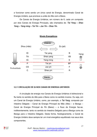 17
Profº. Marcos Martini – martinipuntura@gmail.com
www.marcosmartini.webnode.com.br
a funcionar como sendo um único canal de Energia, denominado Canal de
Energia Unitário, que promove a união do Alto com o Baixo.
Os Canais de Energia Unitários, em número de 6, cada um composto
por dois Canais de Energia Principais, são chamados de: Tai Yang – Shao
Yang – Yang ming – Tai Yin – Jue Yin – Shao Yin.
Níveis Energéticos
Exterior
Shou (mão) Zu (pé)
ID Tai yang B
TA Shao yang VB
IG Yang ming E
P Tai yin BP
CS Jue yin F
C Shao yin R
Interior
3.2.1 CIRCULAÇÃO DE Qi NOS CANAIS DE ENERGIA UNITÁRIOS
A circulação de energia nos Canais de Energia Unitários é bidirecional e
flui tanto no sentido do Alto para o Baixo como no sentido inverso. Ou seja, em
um Canal de Energia Unitário, como, por exemplo, o Tai Yang, composto por
Intestino Delgado – Canal de Energia Principal da Mão (Alto) – e Bexiga –
Canal de Energia Principal do Pé (Baixo) – o fluxo de Energia faz-se,
indiferentemente, tanto no sentido do Intestino Delgado para a Bexiga como da
Bexiga para o Intestino Delgado. Desta forma, fisiologicamente, o Canal de
Energia Unitário deve sempre ter um nível energético equilibrado nos seus dois
componentes.
Yang
Yin
Profundidade
 
