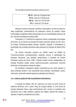 24
Profº. Marcos Martini – martinipuntura@gmail.com
www.marcosmartini.webnode.com.br
Os meridianos tendinomusculares reúnem-se em:
VB 13 – para os 3 Yang da mão
ID 18 – para os 3 Yang do pé
VB 22 – para os 3 Yin da mão
VC 3 – para os 3 Yin do pé
Após percorrerem músculos, tendões e articulações, tornam-se cada vez
mais superficiais, ramificando-se em pequenos canais de energia. Essas
ramificações energéticas estão relacionadas com as manifestações pontuais de
dor, que são chamadas de pontos ASHI.
Constituem a 1ª barreira do organismo contra a penetração de energias
perversas: se os Canais de Energia Principais estiverem plenos de Qi e Xue,
os Canais Tendinomusculares também estarão, evitando e combatendo a
penetração das energias perversas pela presença da Energia de defesa (Wei
Qi).
Os Canais Principais estando em VAZIO, levam ao VAZIO os
Tendinomusculares correspondentes, podendo ocorrer à penetração de
Energias Perversas, que poderão aprofundar-se e penetrar os Canais
Principais através do ponto TING. Também podem ocorrer estagnações de
Energia Perversa nestes canais tendinomusculares, provocando sintomas
dolorosos e musculares ao longo do trajeto.
Os distúrbios energéticos destes manifestam-se por onde passam e
seus sintomas tendem a ser puramente local (tendões, articulações, ossos,
músculos), raramente estando ligados às afecções dos Zang Fu.
3.4.1 CIRCULAÇÃO DE WEI QI (ENERGIA DEFENSIVA)
A energia de defesa, Wei Qi, origina-se da união da parte Yang da
essência alimentar com a parte Yang da energia celeste. É uma forma de
energia altamente Yang, cujas características são: circular na superfície das
estruturas com a pele, peritônio, cápsula dos órgãos, parede das células, e
aquecer e regular a temperatura do corpo.
 