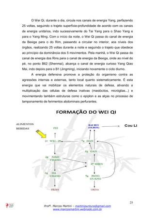 25
Profº. Marcos Martini – martinipuntura@gmail.com
www.marcosmartini.webnode.com.br
O Wei Qi, durante o dia, circula nos canais de energia Yang, perfazendo
25 voltas, seguindo o trajeto superfície-profundidade de acordo com os canais
de energia unitários, indo sucessivamente do Tai Yang para o Shao Yang e
para o Yang Ming. Com o início da noite, o Wei Qi passa do canal de energia
da Bexiga para o do Rim, passando a circular no interior, aos níveis dos
órgãos, realizando 25 voltas durante a noite e seguindo o trajeto que obedece
ao princípio da dominância dos 5 movimentos. Pela manhã, o Wei Qi passa do
canal de energia dos Rins para o canal de energia da Bexiga, onde ao nível do
pé, no ponto B62 (Shenmai), alcança o canal de energia curioso Yang Qiao
Mai, indo depois para o B1 (Jingming), iniciando novamente o ciclo diurno.
A energia defensiva promove a proteção do organismo contra as
agressões internas e externas, tanto local quanto sistematicamente. É esta
energia que vai mobilizar os elementos naturais de defesa, ativando a
multiplicação das células de defesa inativas (mastócitos, micróglias...) e
movimentando também estruturas como o epiplon e as alças no processo de
tamponamento de ferimentos abdominais perfurantes.
 
