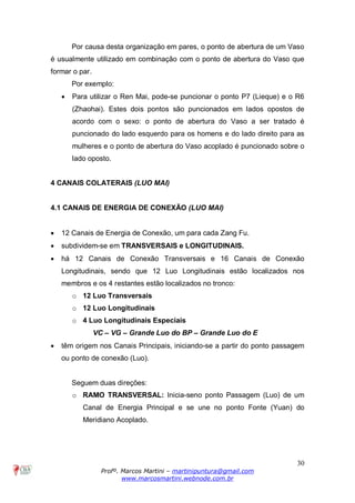 30
Profº. Marcos Martini – martinipuntura@gmail.com
www.marcosmartini.webnode.com.br
Por causa desta organização em pares, o ponto de abertura de um Vaso
é usualmente utilizado em combinação com o ponto de abertura do Vaso que
formar o par.
Por exemplo:
· Para utilizar o Ren Mai, pode-se puncionar o ponto P7 (Lieque) e o R6
(Zhaohai). Estes dois pontos são puncionados em lados opostos de
acordo com o sexo: o ponto de abertura do Vaso a ser tratado é
puncionado do lado esquerdo para os homens e do lado direito para as
mulheres e o ponto de abertura do Vaso acoplado é puncionado sobre o
lado oposto.
4 CANAIS COLATERAIS (LUO MAI)
4.1 CANAIS DE ENERGIA DE CONEXÃO (LUO MAI)
· 12 Canais de Energia de Conexão, um para cada Zang Fu.
· subdividem-se em TRANSVERSAIS e LONGITUDINAIS.
· há 12 Canais de Conexão Transversais e 16 Canais de Conexão
Longitudinais, sendo que 12 Luo Longitudinais estão localizados nos
membros e os 4 restantes estão localizados no tronco:
o 12 Luo Transversais
o 12 Luo Longitudinais
o 4 Luo Longitudinais Especiais
VC – VG – Grande Luo do BP – Grande Luo do E
· têm origem nos Canais Principais, iniciando-se a partir do ponto passagem
ou ponto de conexão (Luo).
Seguem duas direções:
o RAMO TRANSVERSAL: Inicia-seno ponto Passagem (Luo) de um
Canal de Energia Principal e se une no ponto Fonte (Yuan) do
Meridiano Acoplado.
 