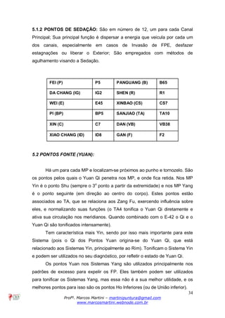 34
Profº. Marcos Martini – martinipuntura@gmail.com
www.marcosmartini.webnode.com.br
5.1.2 PONTOS DE SEDAÇÃO: São em número de 12, um para cada Canal
Principal; Sua principal função é dispersar a energia que veicula por cada um
dos canais, especialmente em casos de Invasão de FPE, desfazer
estagnações ou liberar o Exterior; São empregados com métodos de
agulhamento visando a Sedação.
5.2 PONTOS FONTE (YUAN):
Há um para cada MP e localizam-se próximos ao punho e tornozelo. São
os pontos pelos quais o Yuan Qi penetra nos MP, e onde fica retida. Nos MP
Yin é o ponto Shu (sempre o 3o
ponto a partir da extremidade) e nos MP Yang
é o ponto seguinte (em direção ao centro do corpo). Estes pontos estão
associados ao TA, que se relaciona aos Zang Fu, exercendo influência sobre
eles, e normalizando suas funções (o TA4 tonifica o Yuan Qi diretamente e
ativa sua circulação nos meridianos. Quando combinado com o E-42 o Qi e o
Yuan Qi são tonificados intensamente).
Tem característica mais Yin, sendo por isso mais importante para este
Sistema (pois o Qi dos Pontos Yuan origina-se do Yuan Qi, que está
relacionado aos Sistemas Yin, principalmente ao Rim). Tonificam o Sistema Yin
e podem ser utilizados no seu diagnóstico, por refletir o estado de Yuan Qi.
Os pontos Yuan nos Sistemas Yang são utilizados principalmente nos
padrões de excesso para expelir os FP. Eles também podem ser utilizados
para tonificar os Sistemas Yang, mas essa não é a sua melhor utilidade, e os
melhores pontos para isso são os pontos Ho Inferiores (ou de União inferior).
FEI (P) P5 PANGUANG (B) B65
DA CHANG (IG) IG2 SHEN (R) R1
WEI (E) E45 XINBAO (CS) CS7
PI (BP) BP5 SANJIAO (TA) TA10
XIN (C) C7 DAN (VB) VB38
XIAO CHANG (ID) ID8 GAN (F) F2
 