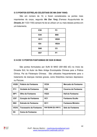 44
Profº. Marcos Martini – martinipuntura@gmail.com
www.marcosmartini.webnode.com.br
5.13 PONTOS ESTRELAS CELESTIAIS DE MA DAN YANG:
São em número de 12, e foram considerados os pontos mais
importantes do corpo, segundo Ma Dan Yang (Famoso Acupunturista da
Dinastia Jin 1123-1183) sempre há de se utilizar um ou mais desses pontos em
um tratamento.
E36 F3
E44 B60
IG11 VB30
IG4 VB34
B40 C5
B57 P7
5.14 OS 13 PONTOS FANTASMAS DE SUN SI MIAO
São pontos formulados por SUN SI MAO (581-682 dC) no Inicio da
Dinastia SUI, foi Autor da Mais Antiga Enciclopédia Chinesa para a Prática
Clínica, Pai da Fitoterapia Chinesa. São utilizados frequentemente para o
tratamento de doenças mentais graves, como Distúrbios maníaco depressivo
ou Psicose.
VG26 Palácio do Fantasma VC24 Mercado do Fantasma
P11 Verdade do Fantasma CS8 Caverna do Fantasma
BP1 Olho do Fantasma VG23 Hall do Fantasma
CS7 Coração do Fantasma VC1 Fantasma Oculto
B62 Estrada do Fantasma IG11 Fantasma Ministro
VG16 Travesseiro do Fantasma HAI QUAN (Ex HN11) Selo do Fantasma
E6 Cama do Fantasma
 